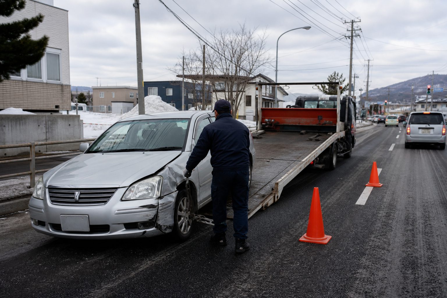 事故車を積載車に積み込む様子