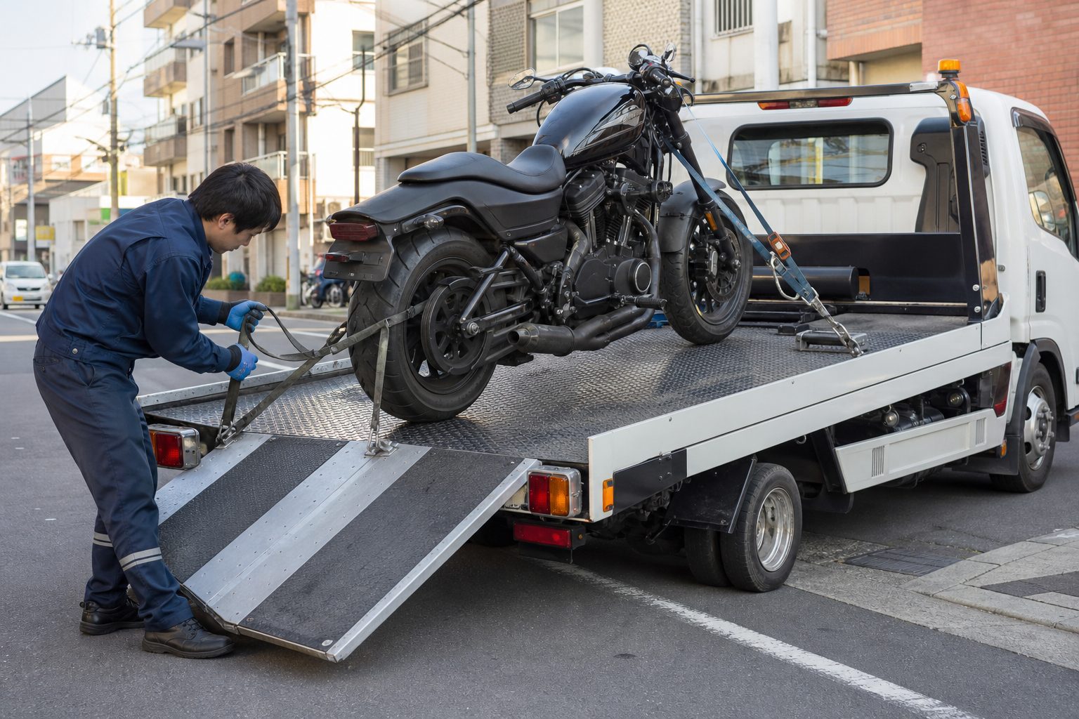 バイクをレッカー車に積み込む様子