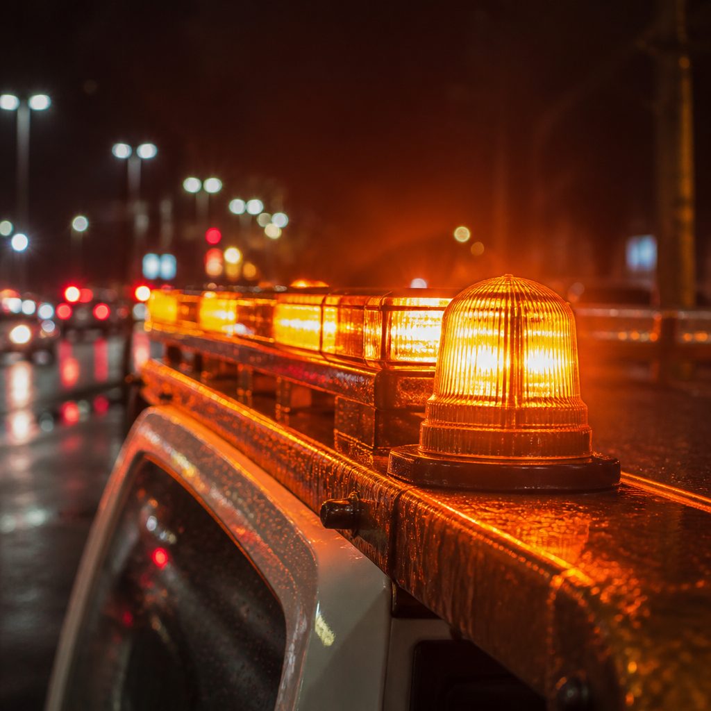 夜間に光るレッカーの警告灯