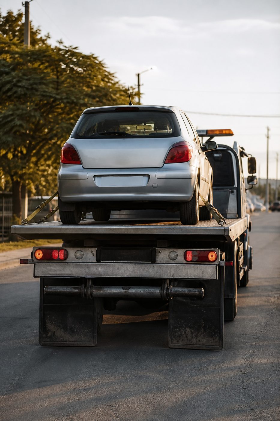 車両を積んだレッカー車の後部